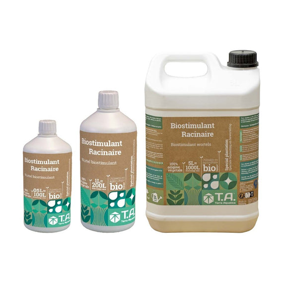Les trois formats du stimulateur racinaire, 500 ml, 1 L et 5 L, alignés