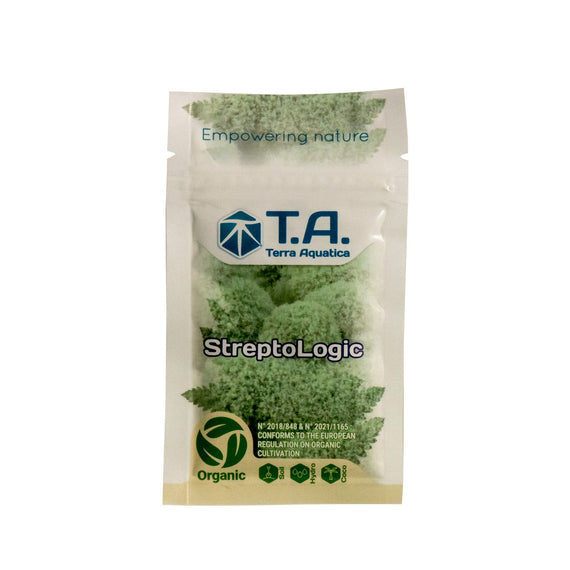 Sachet de poudre à Streptomyces et mycorhize vu de face, avec les granulés verts visibles