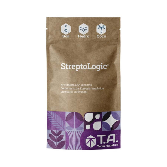 Nouvel emballage kraft du StreptoLogic, sachet à bandeau violet et pictogrammes de culture