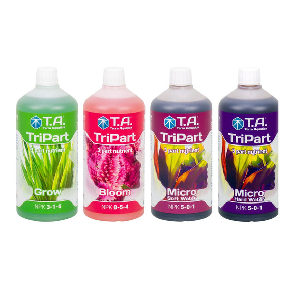 La gamme TriPart complète : Grow, Bloom, Micro eau douce et Micro eau dure