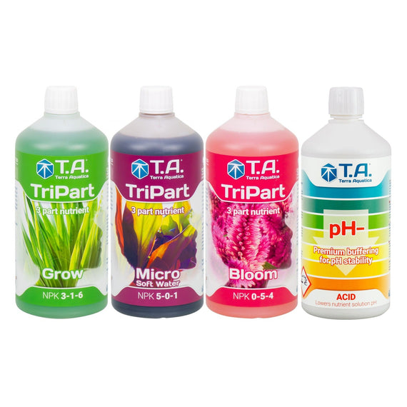 Pack complet TriPart version eau douce : Grow, Micro eau douce, Bloom et pH- en 1 L