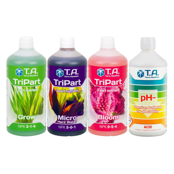 Pack complet TriPart version eau dure : Grow, Micro eau dure, Bloom et pH- en 1 L