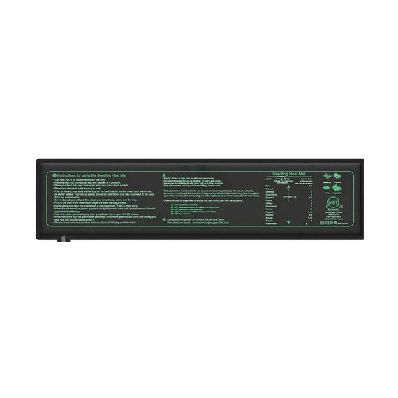 Tapis chauffant pour semis en bande étroite, noir à marquage vert, vu de dessus sur fond blanc