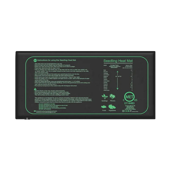 Tapis chauffant pour semis de 25 cm de large, noir à marquage vert, posé à plat sur fond blanc