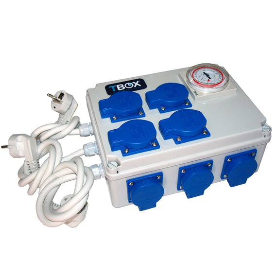 Programmateur TBOX 12 vu sous un autre angle, prises et presse-étoupes