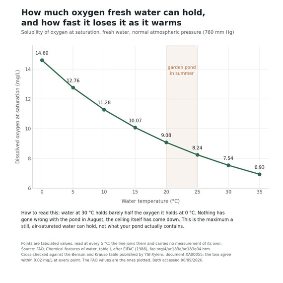 Courbe de la solubilité de l'oxygène dans l'eau douce, de 0 à 35 degrés, à pression atmosphérique, avec la plage de température d'un bassin de jardin en été
