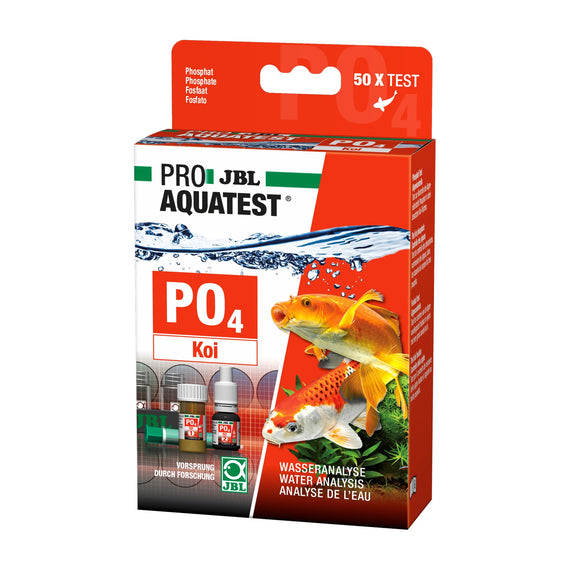 Boîte du test de phosphates PO4 JBL version Koï pour bassin, 50 mesures, illustrée de carpes koï