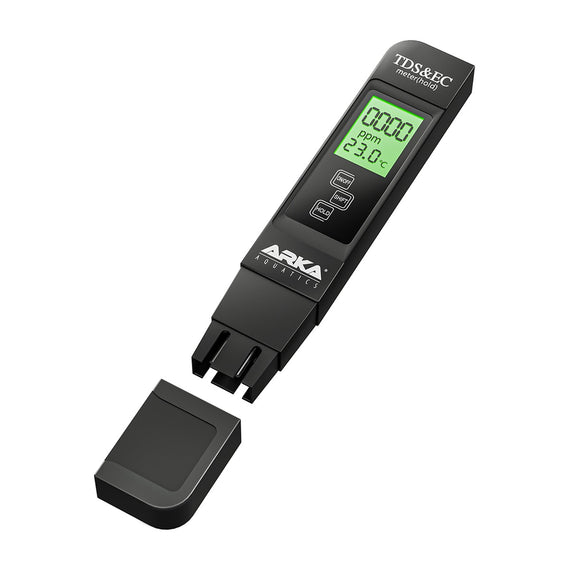 ARKA myAqua TDS and EC pen tester with the cap removed, measuring electrodes visible