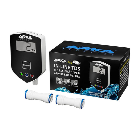 ARKA myAqua in-line TDS tester with its two quick-connect fittings and its packaging