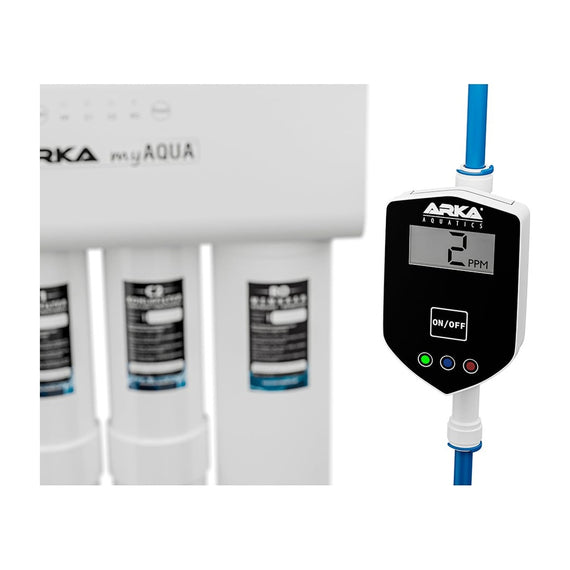 ARKA myAqua in-line TDS tester connected to the outlet of a reverse osmosis unit