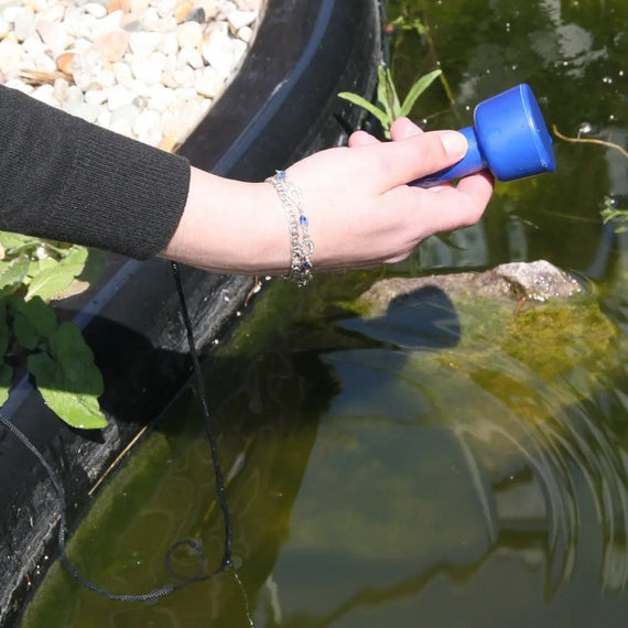 Mano colocando el termómetro flotante azul en la superficie de un estanque de jardín, junto a una orilla plantada