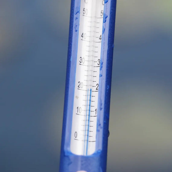 Primer plano de la graduación en grados Celsius del termómetro de estanque, columna de líquido en el tubo azul