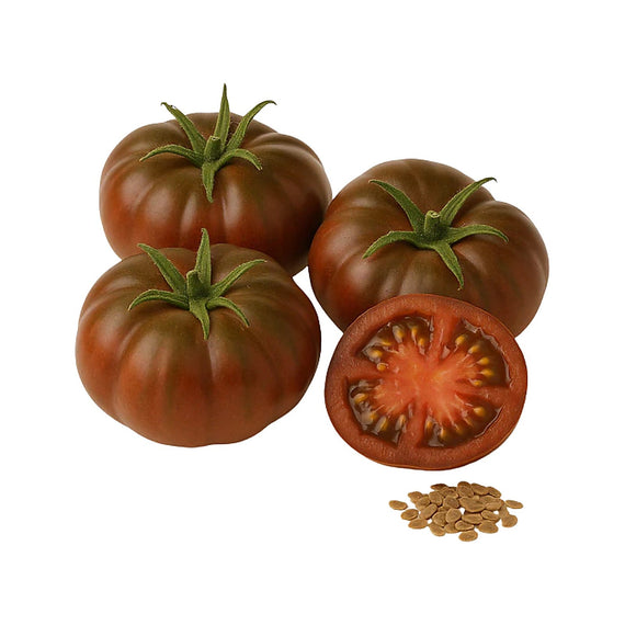 Trois tomates Noire de Crimée entières, une tomate coupée et un tas de graines, sur fond blanc