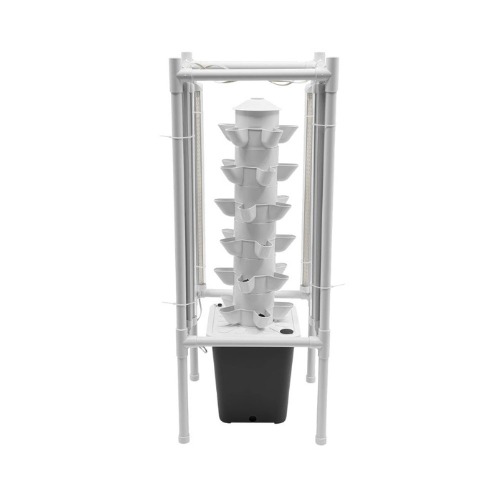 Tour hydroponique verticale d'intérieur montée sur son cadre porteur avec quatre barres LED et réservoir noir en pied