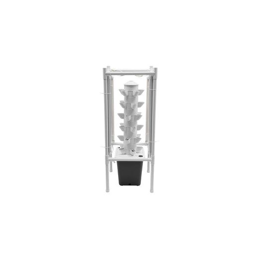 Tour hydroponique verticale d'intérieur montée sur son cadre porteur avec quatre barres LED et réservoir noir en pied