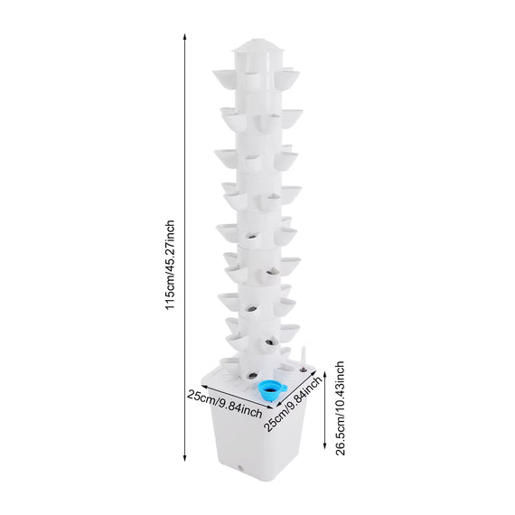 Tour hydroponique en culture active avec salades et aromates en croissance hors sol vertical