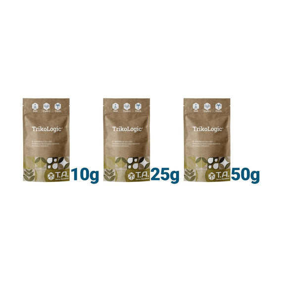 Les trois sachets de Trichoderma côte à côte, 10 g, 25 g et 50 g