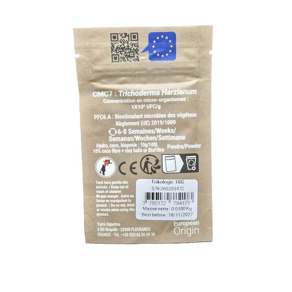 Verso du sachet : Trichoderma harzianum à 100 millions d'UFC par gramme, dose de 10 g pour 100 L
