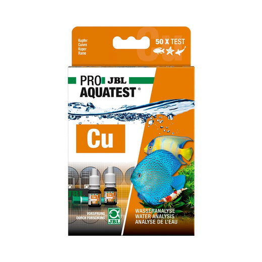 Boîte du test d'eau cuivre Cu en gouttes, mention 50 X TEST, sur fond blanc