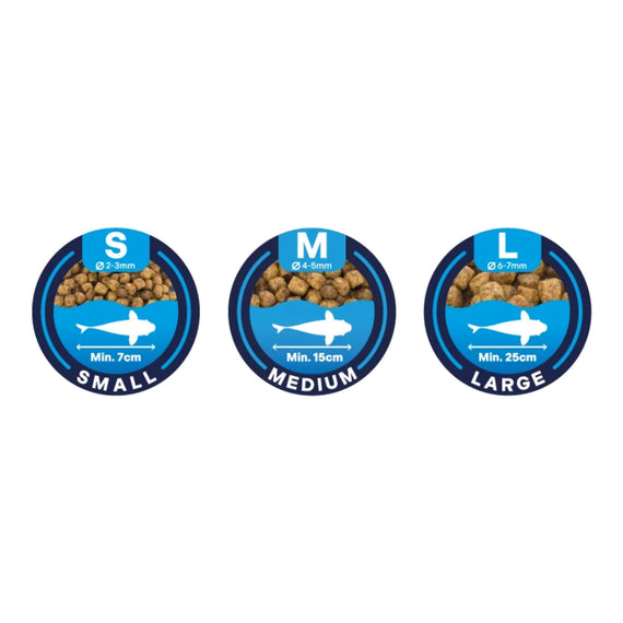 Les trois calibres Aquatic Science : small 2 à 3 mm, medium 4 à 5 mm et large 6 à 7 mm, avec la taille de poisson correspondante