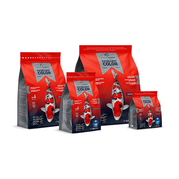 Les quatre contenances d'Excellent Color d'Aquatic Science, 0,5 kg, 2 kg, 5 kg et 9,5 kg, sur fond blanc