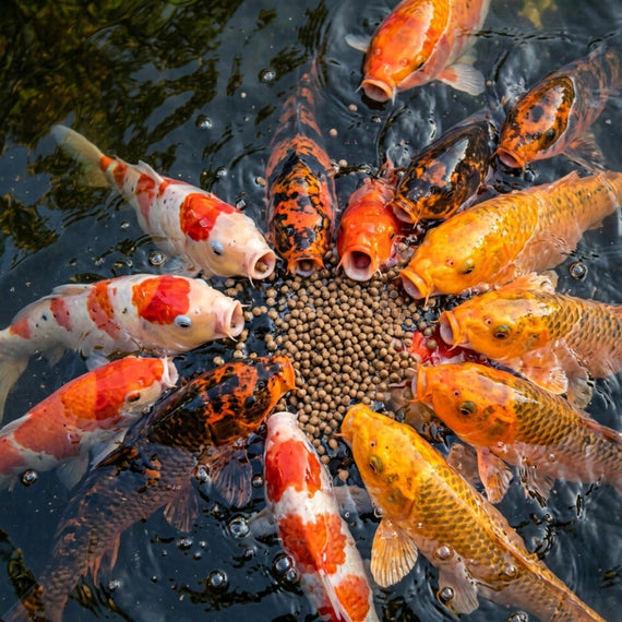 Carpes koï groupées en surface autour de granulés flottants au moment du repas