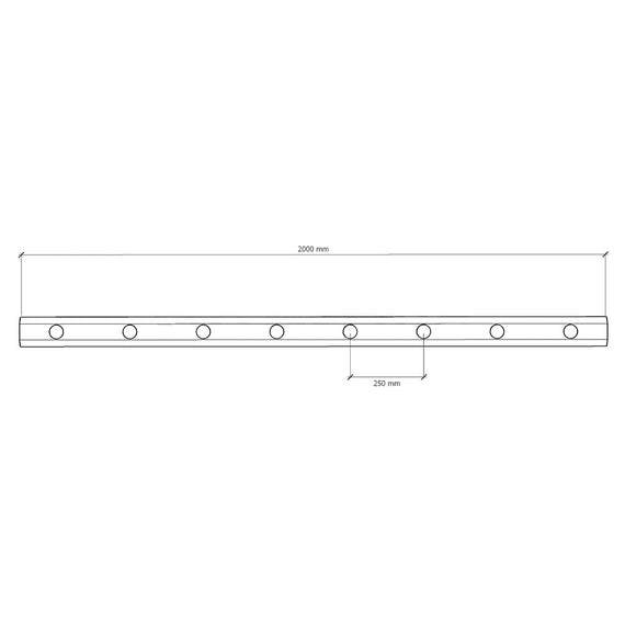 Schéma coté de la gouttière NFT 100 × 50 mm : 2 000 mm de long, entraxe 250 mm