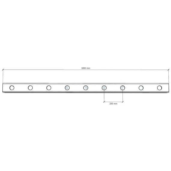 Schéma coté de la gouttière NFT 100 × 80 mm : 1 800 mm de long, entraxe 200 mm