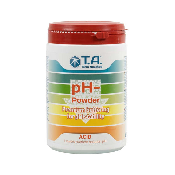 Pot de correcteur de pH en poudre pH- de Terra Aquatica, format 1 Kg, sur fond blanc