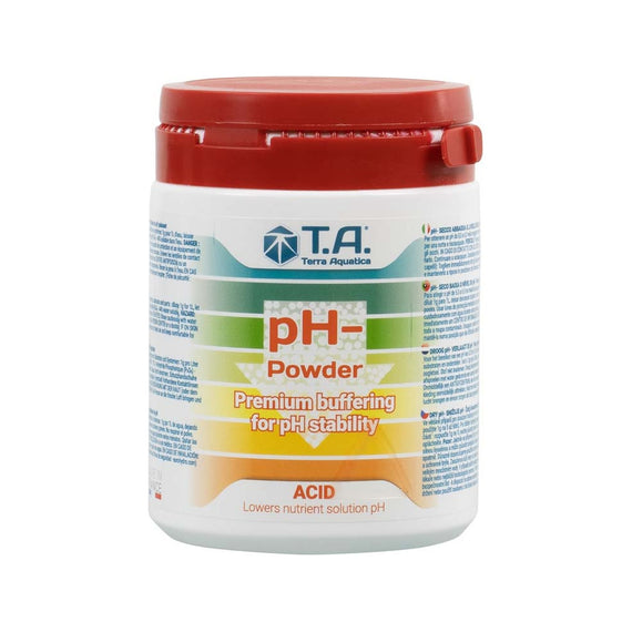 Pot de correcteur de pH en poudre pH- de Terra Aquatica, format 250 g, sur fond blanc