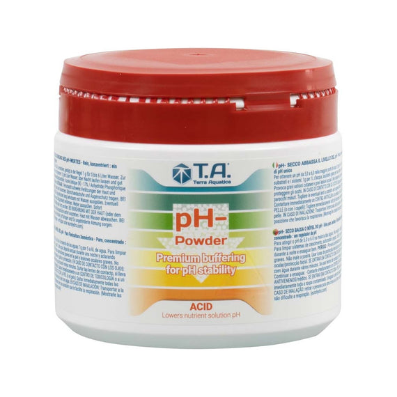 Pot de correcteur de pH en poudre pH- de Terra Aquatica, format 500 g, sur fond blanc