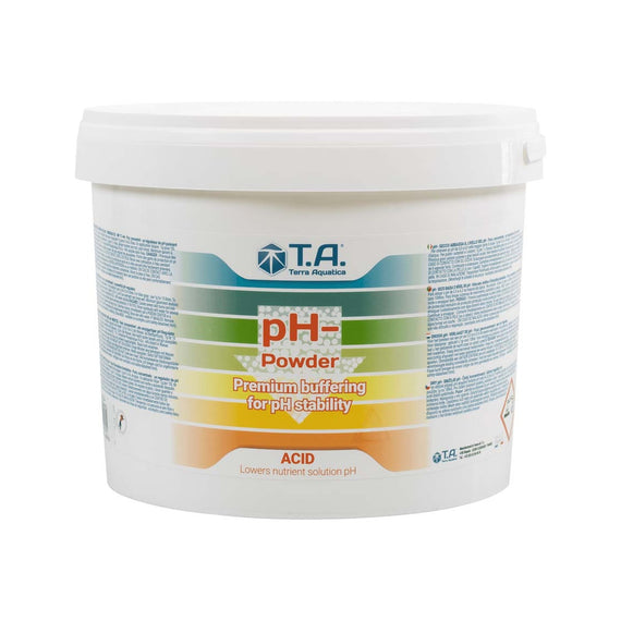 Seau de correcteur de pH en poudre pH- de Terra Aquatica, format 5 Kg, sur fond blanc