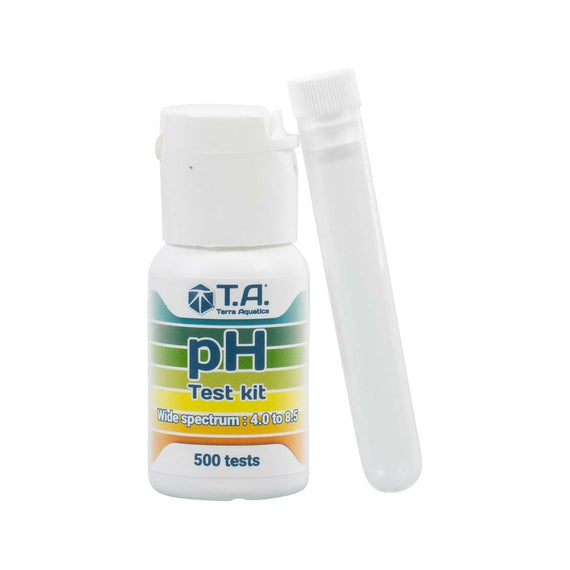 Kit de test de pH en gouttes Terra Aquatica, flacon compte-gouttes et tube à essai, sur fond blanc