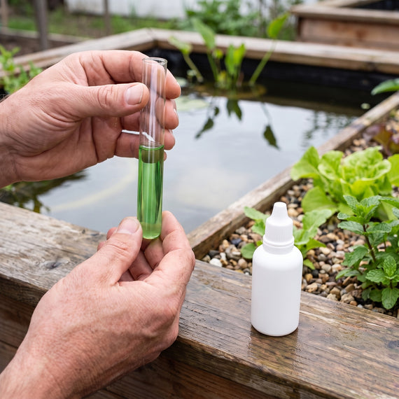 Mise en situation : lecture de la couleur verte du tube à essai devant l'eau d'un bassin d'aquaponie
