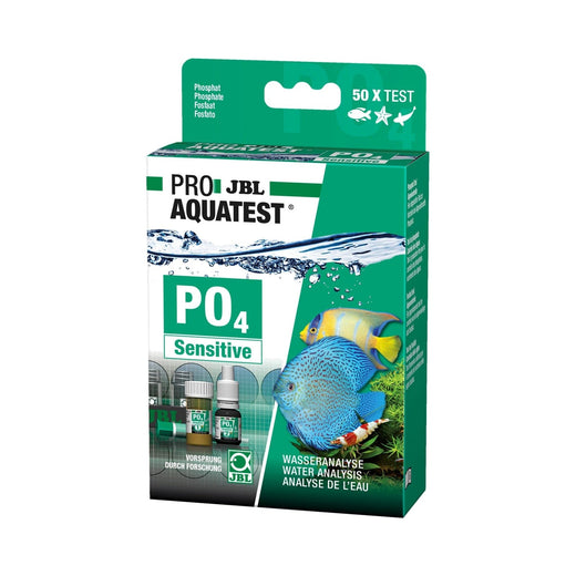 Boîte cartonnée du test de phosphates PO4 Sensitive, mention 50 X TEST imprimée en haut