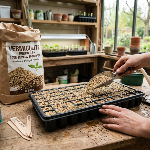 Semis en pots recouverts de vermiculite dans une serre de jardin