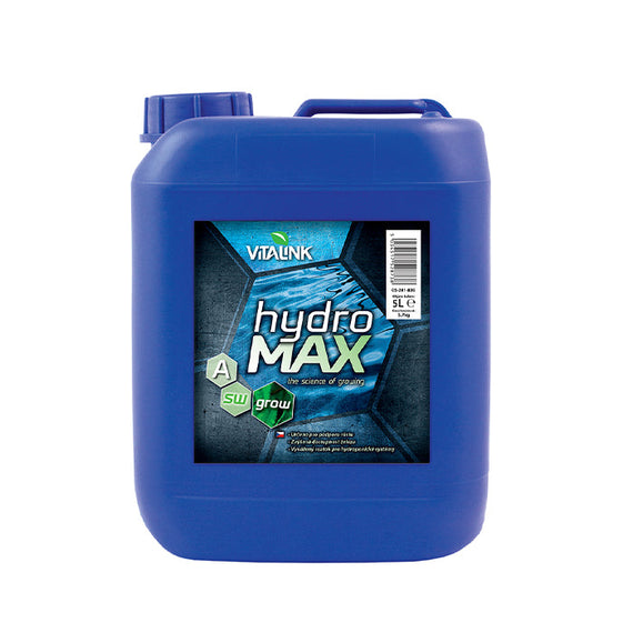 Étiquette d'un bidon d'Hydro Max Grow, base nutritive minérale en deux parties